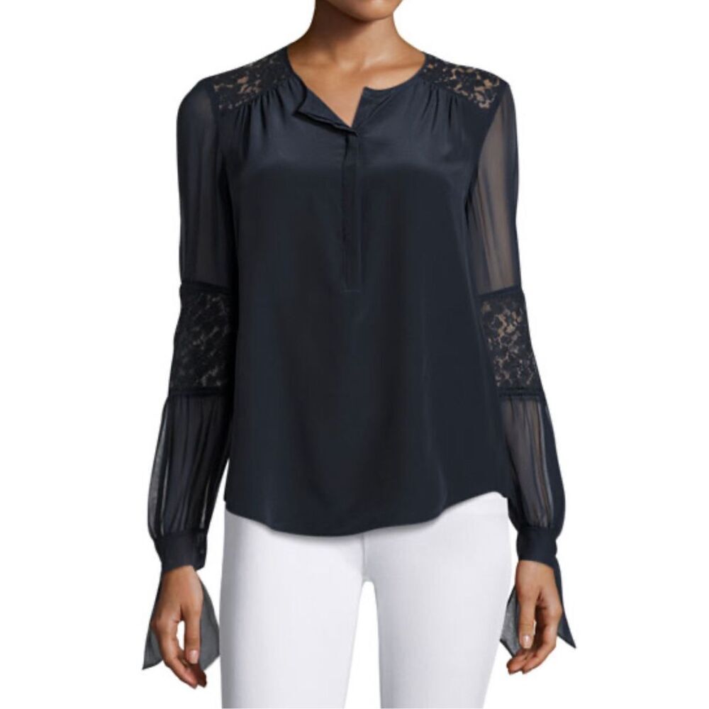 Rebecca Taylor Navy Sarah Tie-Cuff Lace-Trim Silk Crew Neck Long Sleeve Top Sz 0